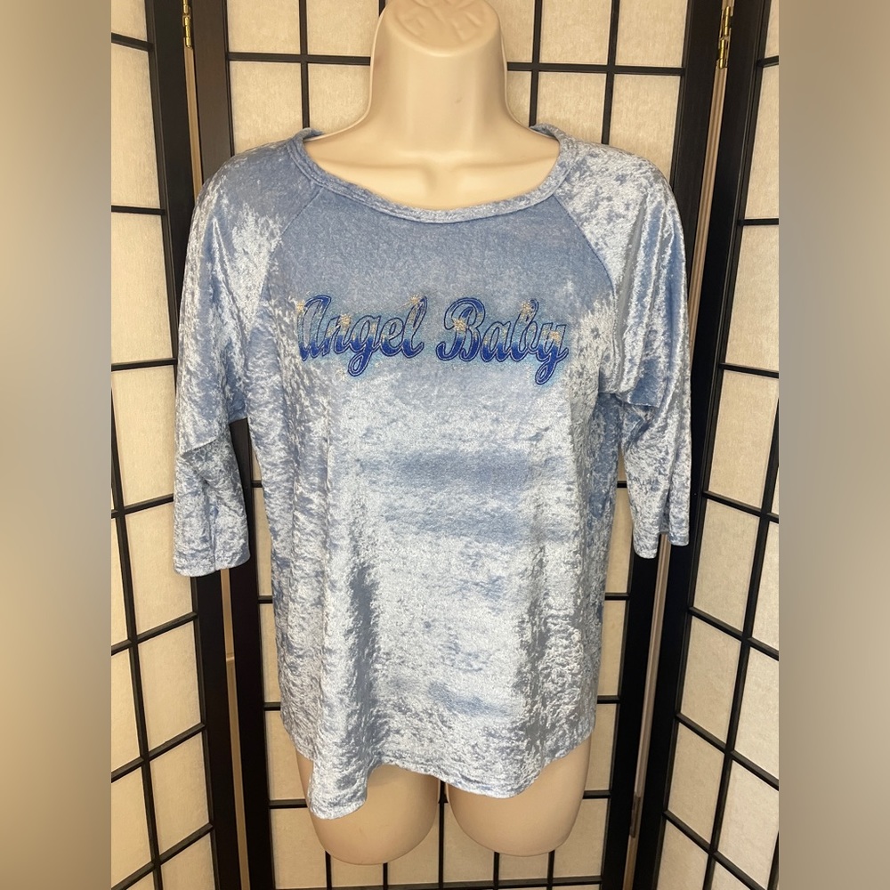 Vintage 90s Y2K Angel Baby Slogan Blue Velvet Friends Of The Heart Shirt Top